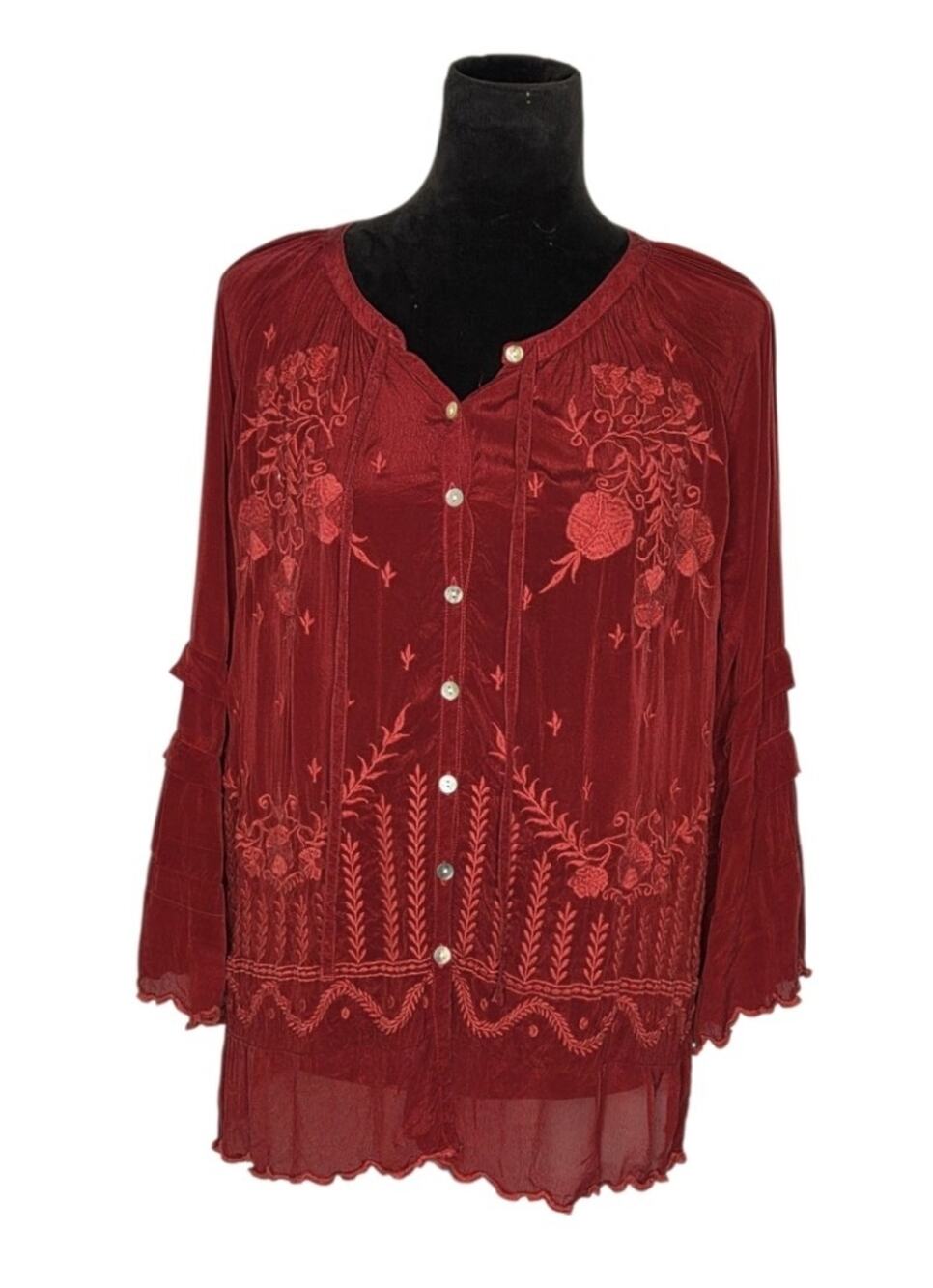 Karyn Seo Maroon Embroidered Boho Viscose Tunic Blouse Ruffle Sleeve Size M